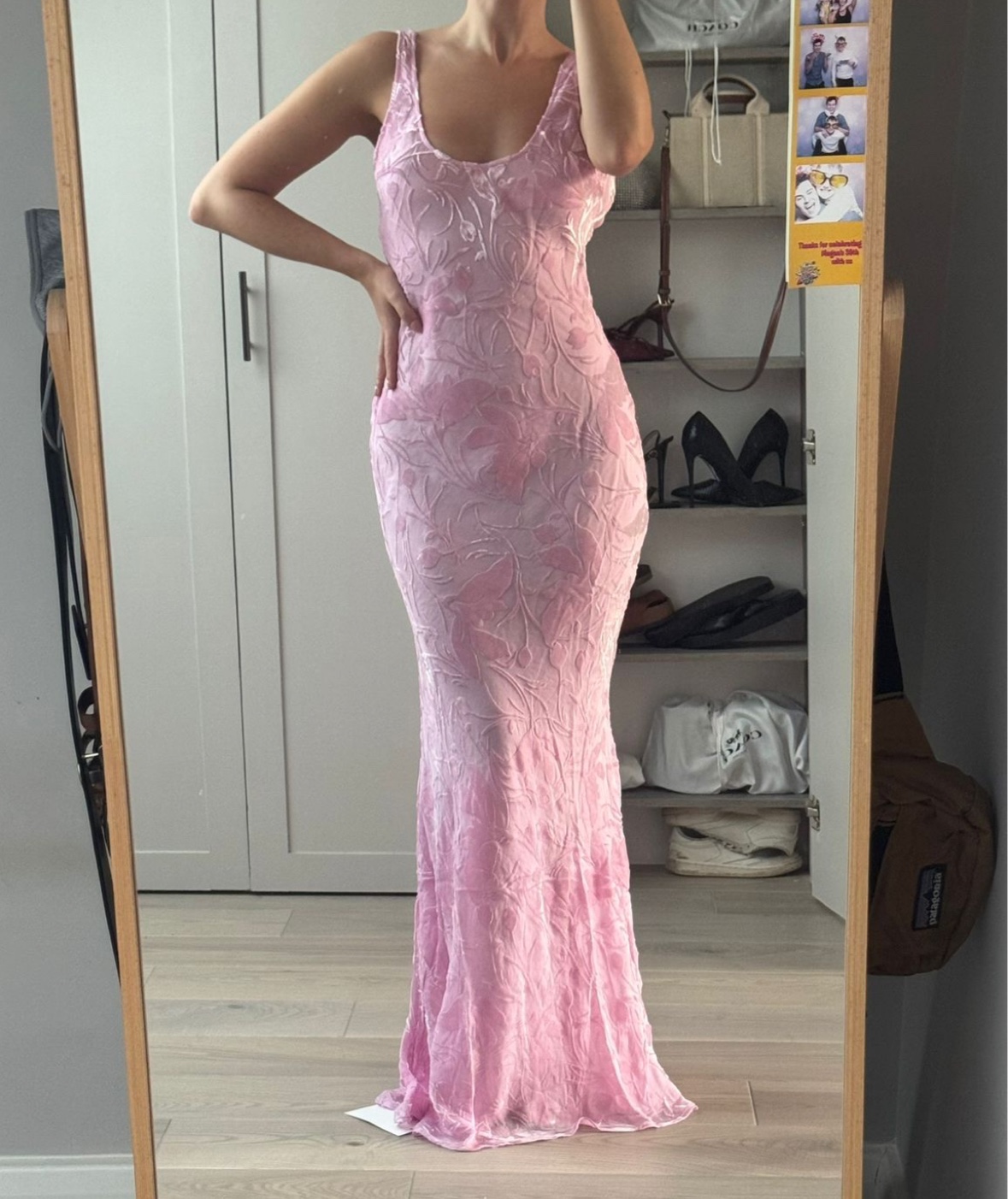A pink velvet burnout slip dress after alteration, photographed by the customer